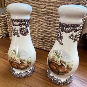 Salt and pepper Spode woodland design.  - White and Brown. One set $55
